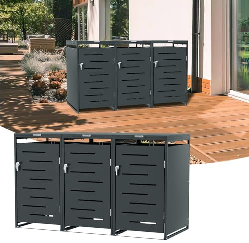 Ollewiellan Mülltonnenbox 3er Mülltonnenhaus, Für 3X 120L & 240L Tonnen, Robuste Mülltonnenverkleidung aus Stahl, Wetterfest mit Belüftung, Inkl. Montagezubehör, Anthrazit