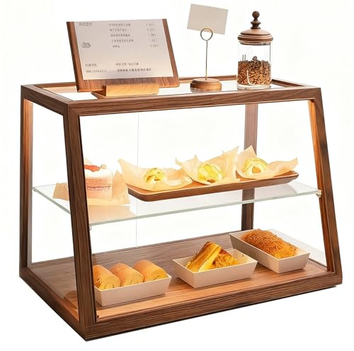 TidyWood 2-stöckige Gebäckvitrine Aus Glas, 23,6 Zoll Trapezförmige Bäckerei-Thekenvitrine Mit LED-Leuchten Und Holzschrank for Kuchen, Donuts, Gewerbliche Nutzung
