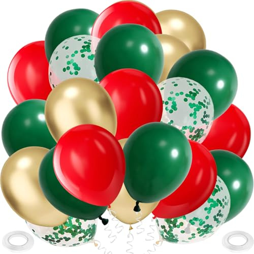 Luftballons Weihnachten, 60 Stück Rot Grün Gold Luftballon Metallic Golden Helium Ballon Konfetti Latex Balloons für Taufe Geburtstag Hochzeit Christmas Party Deko