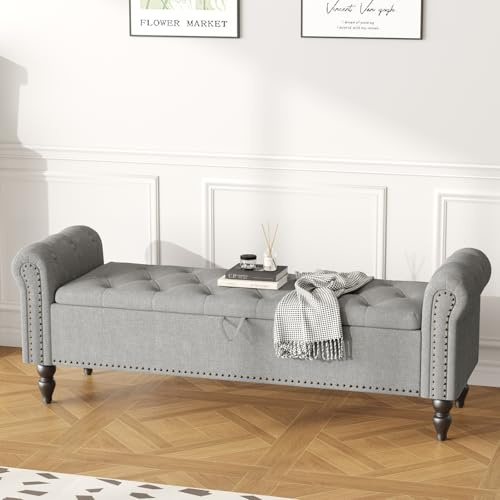 Ckaff Sitzbank mit Stauraum 160cm, Bettbank Aufbewahrungsbox Fußbank, Sitztruhe mit Großem Stauraum für Wohnzimmer Schlafzimmer Flur, HellGrau, Leinen