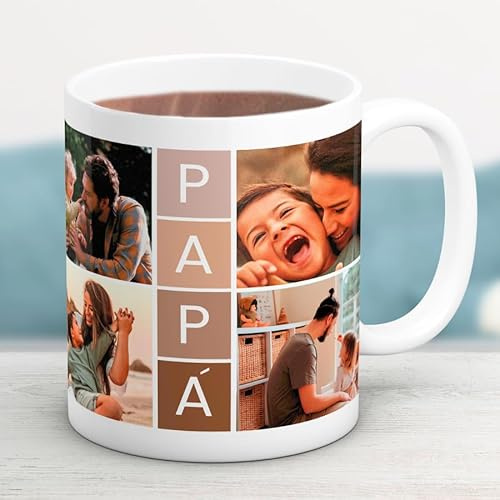 Cristal Plaque Taza Cerámica Personalizada para Papá Collage con 4 Fotos y Mensaje “PAPÁ” | Asa Ergonómica | Regalo Día del Padre, Cumpleaños y Aniversario