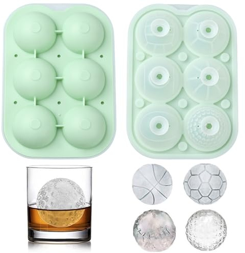 Ipotkitt 1 stampo in silicone a forma di palla di ghiaccio a tema palla da calcio, tennis, con coperchio e imbuto, per whisky, cocktail, caffè, bevande, verde, 6 palline