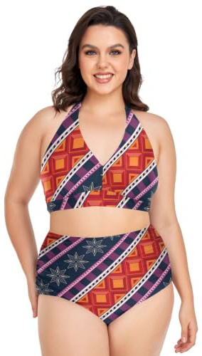 Bikini för plus size kvinnor justerbar abstrakt etniskt mönster grimma bikini topp magkontroll baddräkt 2 delar, Abstrakt etniskt mönster, XXL