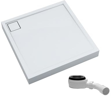 AQUABAD Duschwanne/Duschtasse | Komplettset Finca mit LeakProtect Technologie Smooth White 90x90cm Quadrat | inkl. Ablaufgarnitur/Siphon