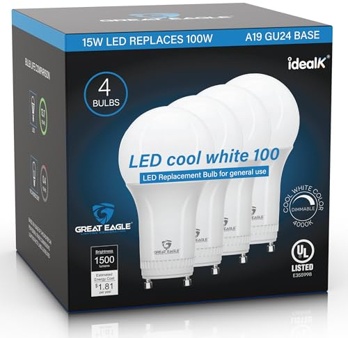 Great Eagle Lighting Corporation 15W (100W Equivalent) GU24 LED Light Bulb Dimmable 4000K Cool White, UL, Replace CFL Twist-in 2 Prong (4-Pack)