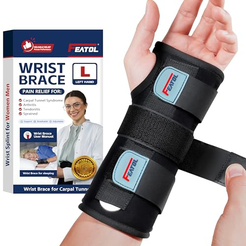 FEATOL Wrist Brace for Carpal Tunnel, Adjustable Night Wrist Support Brace with Splints Left Hand, Large/X-Large, Hand Support for Arthritis, Tendonitis, Sprain, Injuries