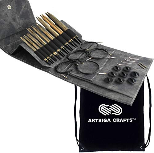 Lykke Stricknadeln, bares Set, Treibholz, lang, Grau, Denim, Kunstleder, Bundle mit Artsiga Crafts Project Bag