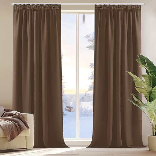 Deconovo Blickdichte Vorhänge mit Kräuselband Gardinen Extra Lange Braun | 2er Set, H 220 x B 140 cm, Thermogardine, Wohnzimmer und Schlafzimmer Gardinen, für Thermal Curtains, Übergardinen