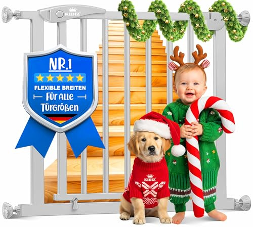 KIDIZ Treppenschutzgitter ohne Bohren | Verstellbare Breite: 81-87 cm, 75 cm hoch, Türschutzgitter und Absperrgitter für Kinder und Hunde, Beidseitige Einhand Öffnung, 90° Open-Stop System, Grau