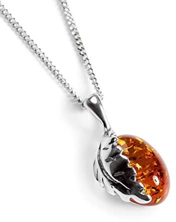 HENRYKA 925 Sterling Silver and Baltic Amber Oak Leaf Necklace - 18 inch Chain | Hypoallergenic Pendant Fashion Accessory | Boho Style Jewellery