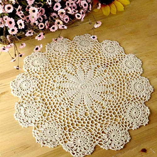 perfecti 2 Stück Platzsets Geklöppelte Deckchen Untersetzer Baumwolle Spitzendeckchen Rund Handarbeit Placemat, 35-40 cm (Weiß/Beige)