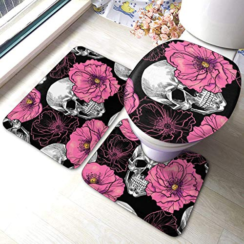 RedBeans Rutschfeste Badvorleger-Set, 3-teilig, Flanell, mit Totenkopf-Motiv, rosa Blume, Badezimmer-Set, inklusive weicher Badematte, WC-Vorleger und WC-Sitzbezug