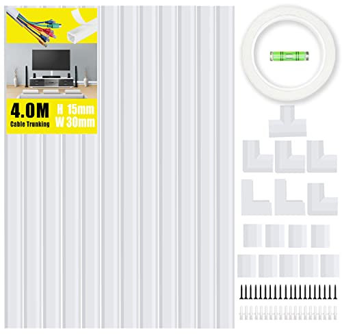 KOOLPUG Goulotte de câble blanche de 4 m de long, kit de gainage de fils auto-adhésifs, pour le mur, la gestion des câbles et les cache-câbles pour mur, sous le bureau et le bureau