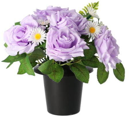 FSUK Artificial Flowers For Graves | Grave Flower Pots with Purple Colour Roses | Ideal For Cemetery, Memorial or Christmas Decorations | New & Improved Design & Quality