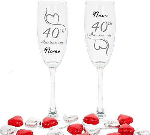 Always Looking Good Personalised Engraved Ruby Wedding Anniversary Set of 2 Champagne Flute Glasses (220ml, Filled with Chocolate Hearts)