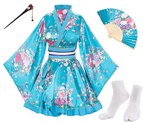 Japanischer Anime-Tanz-Kimono, Damen-Robe, Kostüm, Seiden-Faltfächer, Tabi-Haarnad-Socken, Set