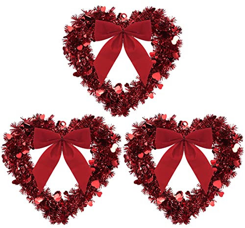 Geosar Red Valentine Heart Wreaths for Front Door Heart Shaped Wreath Tinsel Decor with Bowknot 12 Inch Hanging Valentine's Day Decor for Anniversary Wedding Wall Window Mantel(3 Pieces)