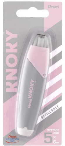 Pentel XZTT805N-WY Knoky Korrekturband mit Druckmechanik, ergonomische Form, nachfüllbar, Länge 6m, Breite 5mm, Gehäusefarbe grau, 1VE=12 Blisterkarten