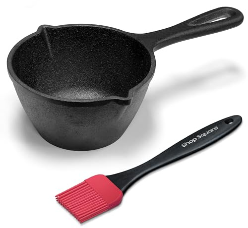 Small Cast Iron Basting Pot with Silicone BBQ Brush – Cast Iron Saucepan for Grilling, Smoking, Butter Melting Pot, 15 Oz