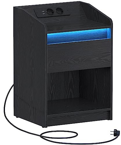 Hzuaneri Nachttisch mit LED-Licht, Beistelltisch mit Ladestation, 1 Aufbewahrungsschublade Nachttisch für Schlafzimmer, Wohnzimmer, 2 USB-Anschlüsse, 2 Steckdosen, offenes Fach, Schwarz NS04804X1