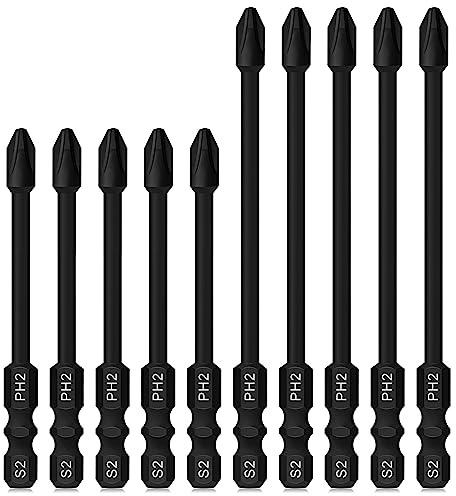 Hakkin 10Pcs Impact PH2 Phillips S2 Steel Impact Driver Bits | Hakkin 1/4” Hex Shank Magnetic Screwdriver Bits 75mm 100mm Torque Driver Bits for Impact Driver