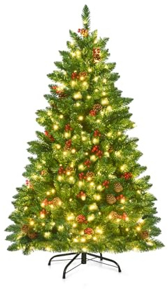 LIFEZEAL Arbre de Noël Artificiel 135 cm, Sapin de Noël avec 300 lumières LED, 516 Branches, 32 Pommes de pin, 32 Baies, Chrismas Tree, Décoration de Noël (135 CM)