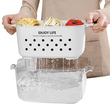 Cestello di scarico per verdure a doppio strato, scodella in plastica per colino per alimenti da cucina, set di ciotole per scolapasta di scarico 2 in 1, ciotola e colino multifunzione per lavare la c