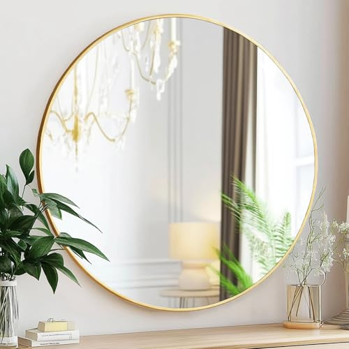 Sunniry Gold Round Mirror, 24 inch Circle Mirror, Gold Brushed Metal Frame Bathroom Mirrors, Round Wall Mounted Mirrors for Bathroom, Hallway, Living Room, Bedroom.