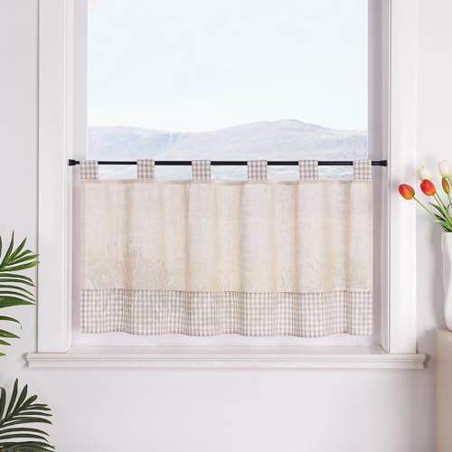 SCHOAL Scheibengardine mit Schlaufen Bistrogardine Küche Leinenoptik Fenstergardine Landhaus Kleinfenster Gardine Kariert HxB 45x120 cm Braun