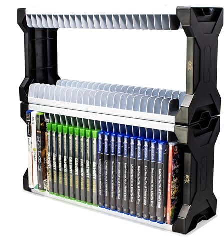 ADZ Universal Game Holder - 46 Game Storage Tower Rack for PS2 PS3 PS4 PS5 PSP Xbox 360 Xbox One Series X Wii Switch Games DVD and Blu-Ray Disks Includes 2 Controller Mounts