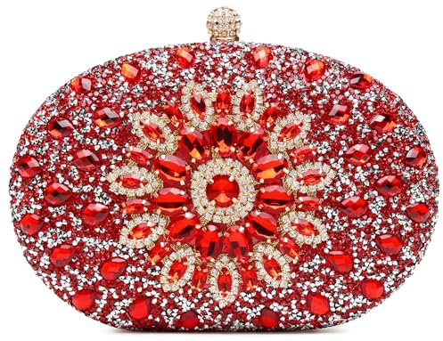 Beaguful Damen Abendtaschen Glitzernde Strass Clutch Geldbörsen Luxus Handtaschen, Ovales Rot