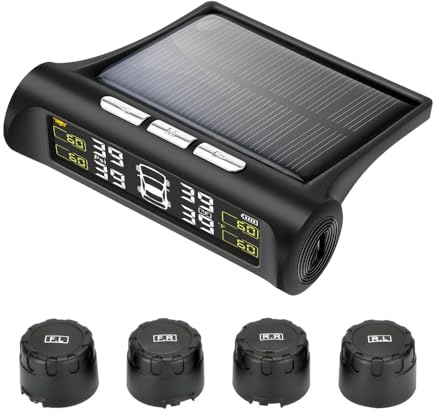 VENCEZA Tire Pressure Monitoring System - TPMS Tire Pressure Monitor System with Solar Charger, TPMS with 4 External sensors & 5 Alarm Modes, LCD Real-time Display, Auto Sleep Mode, Easy to Install