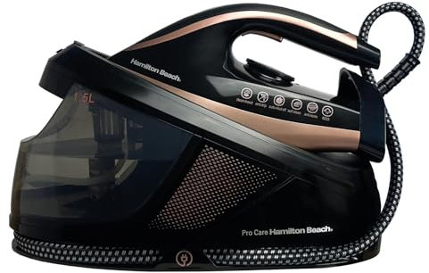 Hamilton Beach Steam Generator Iron, Pro Care, 3100W, 3 Bar Pressure, Vertical Steam, Non-Stick Soleplate, Anti-Scale Technology, Variable Temperature Control, Auto Shut Off - HB268SGBG, Black/Bronze