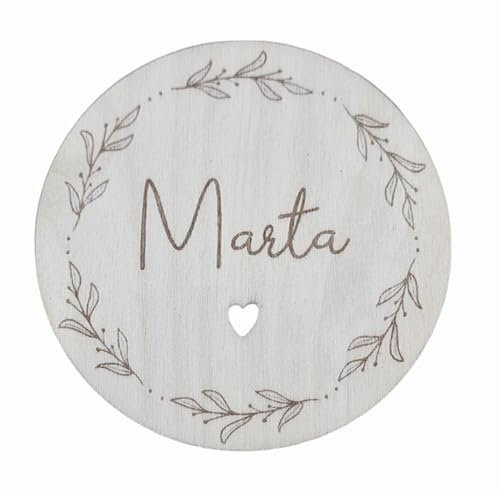 Personalisierte Namensscheibe Baby mit Blumenkranz | Holzscheibe mit Namen | Ankündigung zur Geburt | Geschenkidee (10 cm)