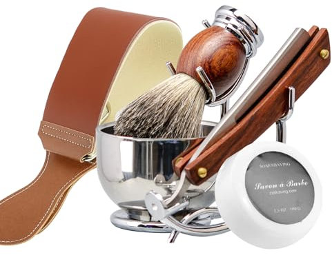 Grandslam Shaving Straight Razor Kit, Cutthroat Straight Razor With Leather Strop, Shaving Brush and Bowl, Stainless Steel Stand, Shave Soap, Gift for Men