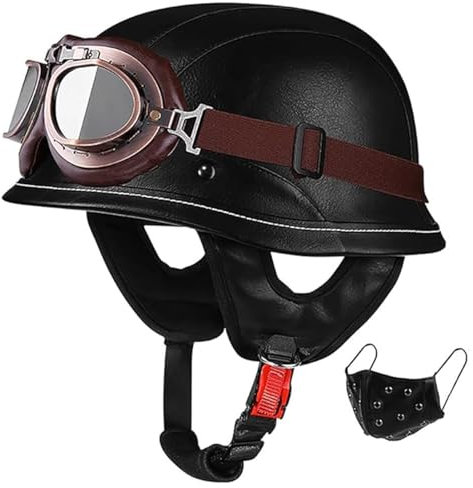 QJWMatic Deutscher Stil Motorradhelm, PU Leder Motorrad Halbhelme Herren Damen Mit Schutzbrille Open Face Helme DOT/ECE-Zulassung F,L60-62CM