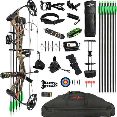 Compound Bogen Set Erwachsene, Bogen Angeln Jagd und Ziel, Wurfarm in USA, Zuggewicht 19-70 lbs einstellbar, Zuglänge 19~30, IBO 320FPS, mit Bogenschießen Jagd Zubehör Kit (Tarnfarben)