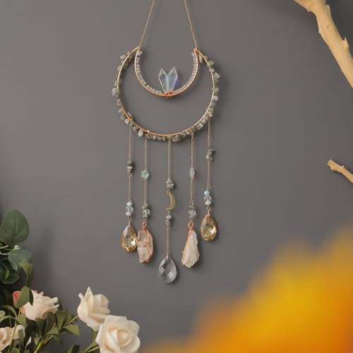 Moon Crystals Tree of Life Dream Catchers,Natural Gem Agate Wall Hangings for Windows Garden Home Décor (New moon shape)