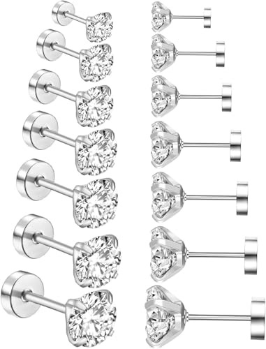 HinDaLi 7 Paar Edelstahl Ohrringe für Männer Mädchen Frauen Diamant Stecker Ohrstecker Silber Rund Titan Klein Helix Zirkonia