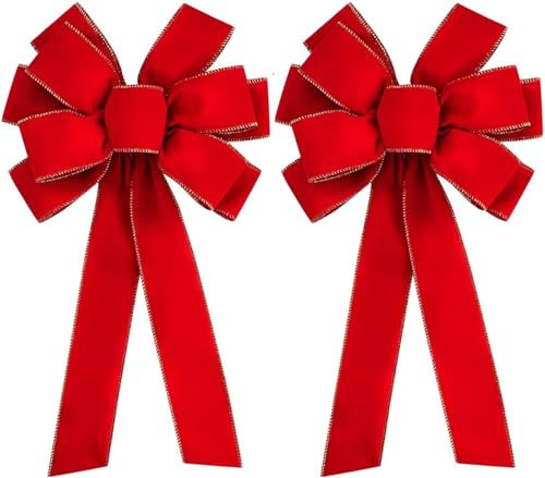 2PCS Decorazioni di fiocco di Natale - grandi archi porta rossa - Natale San Valentino dorato bordato velluto corona fiocco, albero di Natale Topper corona ornamento fiocco Decor