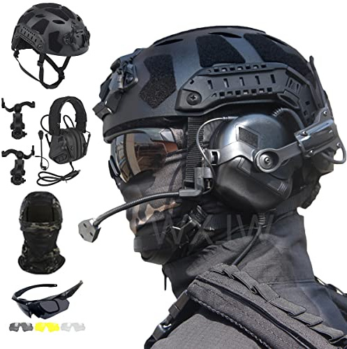 ANSNOW Fast Sf-Vollschutz-Taktikhelm-Set, Mit Airsoft-Headset Und Schutzbrille Mit Drei Linsen Und Taktischere, Für Paintball-Kriegsspiel-Militärset/Schwarz