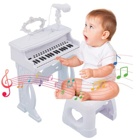 Forroby Kids Piano Keyboard,Toddler Mini Keyboard Stand and Stool Set with Microphone,Kids Portable Musical Instruments Portable,Learning Toys,Birthday Gifts for 2 3 4 5 Year Old Girls Boys,White