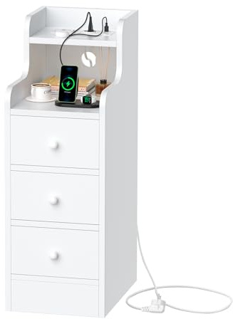 PIPIPOXER Table de Chevet avec Prise et USB, Table de Chevet étroite,Blanc Brillant,Espace de Rangement avec 3 tiroirs,pour Chambre à Coucher, Salon