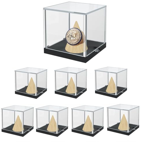 8 Stück Championship Ring Vitrine mit 8 Stück Holzkegelringständer Transparente Displaybox für Baseballringe Ring Display Ständer Halter für Fußball Softball Meisterschaftsringe 55x55x55 mm