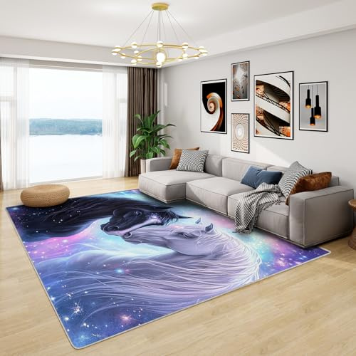 Teppich Mädchen Pferd - Teppich Wohnzimmer Schlafzimmer Pferde Kinderzimmer Lila, Großer Teppich Pferdemotiv, Weich Kurzflor & Waschbar & rutschfest Wohnzimmerteppich, Kinderteppich, 160x230 cm