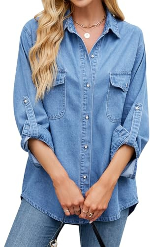 MINTLIMIT Womens Denim Shirt Long Sleeve Button Down Shirt Casual Jean Shirt Jacket Vintage Denim Blouses Tops with Pockets