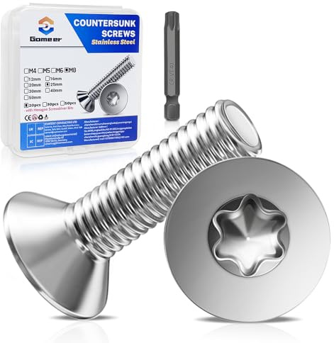 Gomeer 20 Stück M8 x 25 mm Senkkopfschrauben Torx Innensechskant aus A2 V2A Edelstahl Schrauben mit Torx Schlüssel Sechskant Schrauberkopf Norm ISO 14581 / DIN 965,für Maschinen, Möbel,Reparaturen