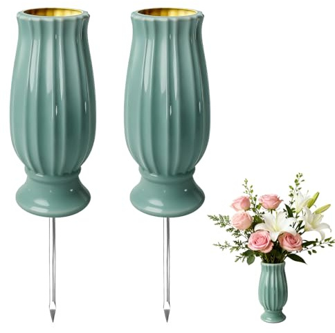 2 vasi funerari con picchetto, svasati per cimitero con punte in metallo e fori di drenaggio, per lapide, decorazioni cimitero, regali commemorativi, perdita di una persona cara (blu)
