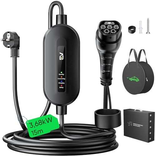 Evjuicion Câble de Charge pour Voiture électrique Type 2 Schuko 3,68 KW [monophasé, 15 m, 16 A, IP67], Chargeur EV avec Voyant d'affichage, Chargeur EV pour ID.3/4, X1, 5ER, modèle Y/3, et Autres EV