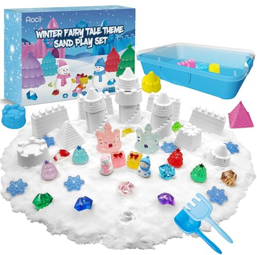 Aocii Kids Sensory Bin Sand Kit, Winter Fairy Tale Theme Sand Play Set, Toddlers Sandbox, Role Pretend Play Snowfield Toy Christmas Birthday, Gift for Girls Boys 3 4 5 6 7 8 9 Years